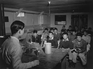 Sierra Nevada Mountains Prints: High school students seated in a classroom laboratory watching instructor at Manzanar War Relocation Center