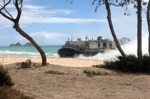 Water Transport Prints: High-speed over-the-beach amphibious landing craft approaching a beach on an air cushion that allows a dry beach