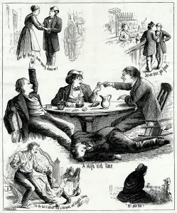 Alcoholic Prints: The down hill road. Temperance print showing a young man taking leave of his mother