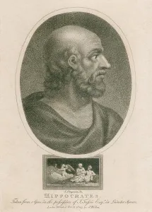 5th Century Bc Prints: Hippocrates (460-375 BC). Engraving from a ancient gemstone. Ca. 1800 by J. Chapman