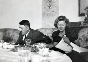 Adolf Prints: Hitler and Ava Braun at dining table at Berchtesgaden, ca. 1937-1943