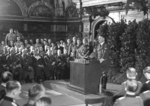 Microphones Prints: Hitler speaking in Danzig after the German invasion of Poland