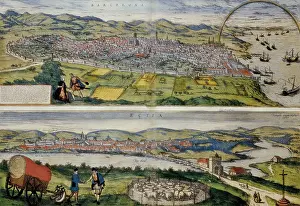 HOGENBERG, Franz (1535-1590). Civitatis Orbis Terrarum. 1572-1617. Map of Barcelona (upper part) and Ecija (1567)