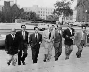 July Prints: Hollywood writers go on trial. Seven Hollywood writers and directors arrive at court for trial on contempt of Congress