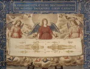 The Holy Shroud. ca. 1600. Upper detail. Renaissance art. Oil on canvas. ITALY. Turin. Galleria Sabauda (Sabauda Gallery). AISA/Everett Collection**US SALES ONLY**