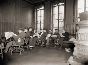 Newspapers Prints: Homeless men in the reading room of a dime a night Bowery lodging house in 1910