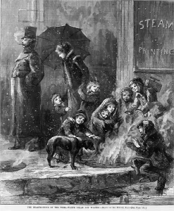 Business Cycles Prints: Homeless women and children heating themselves with steam rising from grating in pavement