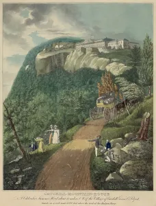 Carriages Prints: Horse drawn carriage making the 1 600-foot climb up the mountain road to the Catskill Mountain House a famous hotel