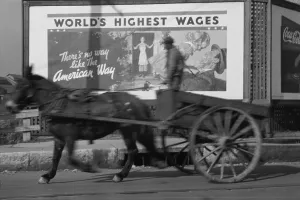 West Virginia Prints: Horse drawn cart against an billboard in Memphis during the 1937 flood