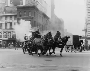 Disaster Prints: Horse drawn fire engine speeds on West 43rd Street and Broadway, NYC, 1910-15