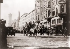 Emergency Prints: Horse-drawn fire engines in street