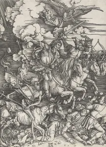 Famine Prints: Four Horsemen of the Apocalypse, by Albrecht Durer, 1497-98, German print, wood engraving