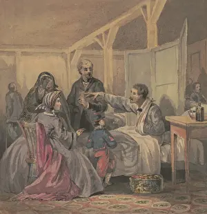 Patients Prints: A hospitalized wounded soldier gestures as he speaks to his bedside visitors
