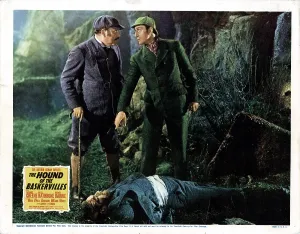 THE HOUND OF THE BASKERVILLES, from left, Nigel Bruce, Basil Rathbone, Nigel De Brulier, (on ground), 1939, TM & copyright 20th Century Fox Film Corp