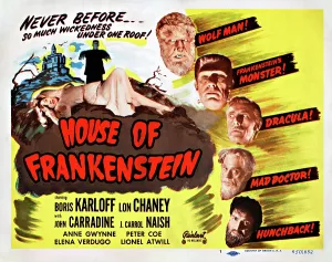 Classical Literature Prints: HOUSE OF FRANKENSTEIN, 1950 re-issue title card; on left: Elena Verdugo (girl in nightgown)