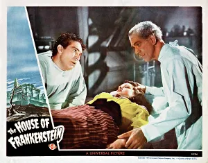 Lab Coat Prints: HOUSE OF FRANKENSTEIN, from left: J. Carrol Naish, Elena Verdugo, Boris Karloff, 1944