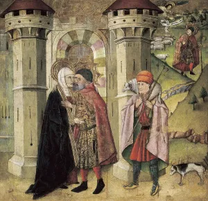 HUGUETJaume (1415-1492). Saint Joachim and Sainte Anne in front of the Golden Gate. 1440 - 1445. Altarpiece of the Virgin of Cervera de Caada (Saragossa). Detail. Gothic art