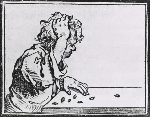 Insects Prints: Human hair lice. Male youth seated at a table