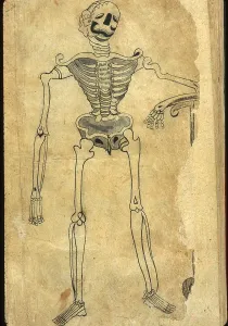 1700s Prints: Human skeleton leaning on a scythe