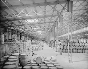 Commodities Prints: Hundreds of barrels and sacks in the New York Central Railroad freight sheds