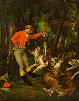 Hunters Prints: AFTER THE HUNT, by Gustave Courbet, 1859, French painting, oil on canvas