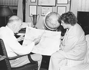 Broadcast News Prints: H.V. Kaltenborn charting his itinerary for a three-week aerial tour of Europe. July 1938