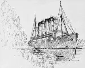Deaths Prints: Iceberg tearing a long gash in hull of the ocean liner Titanic, April 14, 1912