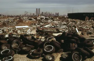 Twin Towers Prints: An illegal dump in New Jersey with a view of Lower Manhattan skyline defined by the new Twin Towers of the World Trade