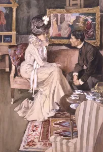 Tea Service Prints: Illustration from Henry James short story, BROKEN WINGS by Maurice Greiffenhagen