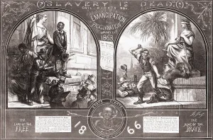 Repression Prints: Illustration at left shows a slave being sold for stealing during the US Civil War