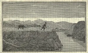 Action Portraits Prints: Illustration of Lewis and Clark's expedition from 1803-6. Man chased by a bear