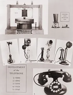 Progress Prints: Illustration showing the development of the telephone between 1875 and 1940