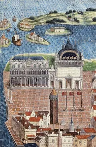 Illustration of a treaty of Venice's city and domain government and regime, by the Admiral Louis Malet de Graville. Miniature Painting. FRANCE. Chantilly