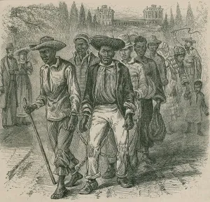 Chains Prints: Image depicts an 1815 slave-coffle wearing handcuffs and shackles passing the United States Capitol