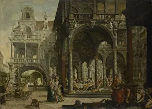Statues Prints: Imaginary Renaissance Palace, by Hendrick Aerts, 1602, Flemish painting, oil on canvas