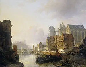 Port Prints: Imaginary View of a Riverside Town with Aachen Cathedral