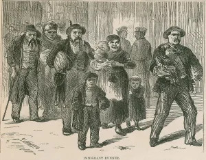 Runners Prints: An immigrant runner carrying the child of a newly arrived immigrant family