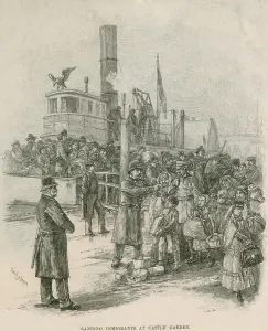 Steamers Prints: Immigrants leaving a sternwheeler at New York City's Castle Garden in 1884 under police supervision