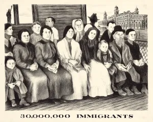 Ellis Island Prints: Immigrants. shows a group of Immigrants either waiting at an immigration station or enroute to New York City from Ellis