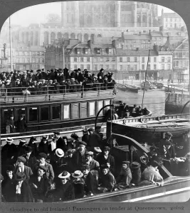 November Prints: Immigration. Goodbye to old Ireland! Irish emigrants on a tender bound for an America-bound ocean-liner