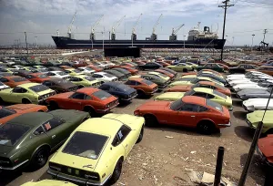 Imported Japanese cars on the pier in an American port