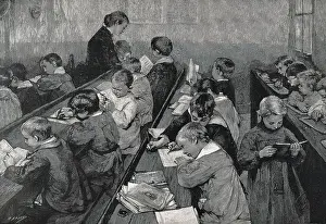 Teaching Prints: 'In class', engraving based on a painting by Geoffroy (1910)