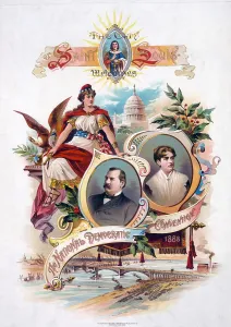 Conventions Prints: Incumbent Grover Cleveland and his popular young wife are pictured on an 1888 Democratic Convention poster