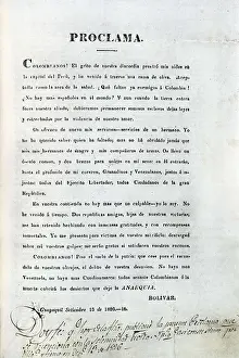 Bolivar Prints: Independence of Colombia. Leaflet with a proclaim signed by Simn Bolvar (13th September 1826)
