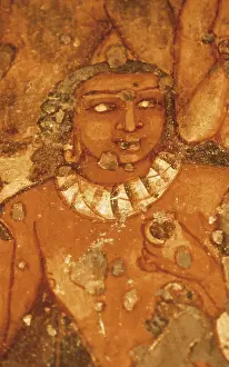 Buddha Prints: INDIA. Ajanta. Ajanta Caves. Detail in one of the 'Jataka' reincarnations and episodes of life of Budha