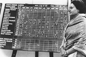 Sari Prints: Indian Prime Minister Indira Gandhi beside a bulletin board showing early election returns