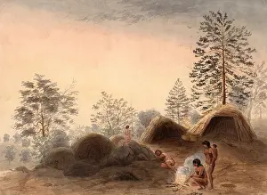 Baby Prints: INDIANS AROUND A CAMPFIRE, 1852, by Harrison Eastman, watercolor painting on beige paper