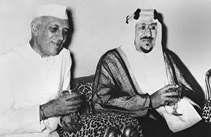Bisht Prints: India's Premier Jawaharlal Nehru (left) and Saudi Arabia's King Saud discuss the Suez Crisis