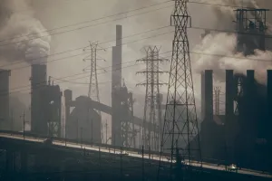 Manufacturing Prints: Industrial complex of a Republic Steel plant whose massive scale dwarfs the solitary car at the lower right of