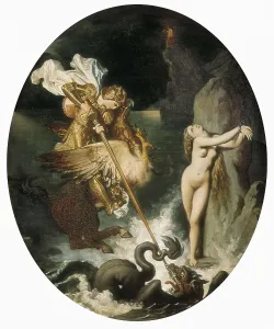 INGRES, Jean-Auguste-Dominique (1780-1867). Roger Delivering Angelica (Roger dlivrant Anglique). 1818. Scene from the play "Orlando Furioso" (Canto X) by Ariosto